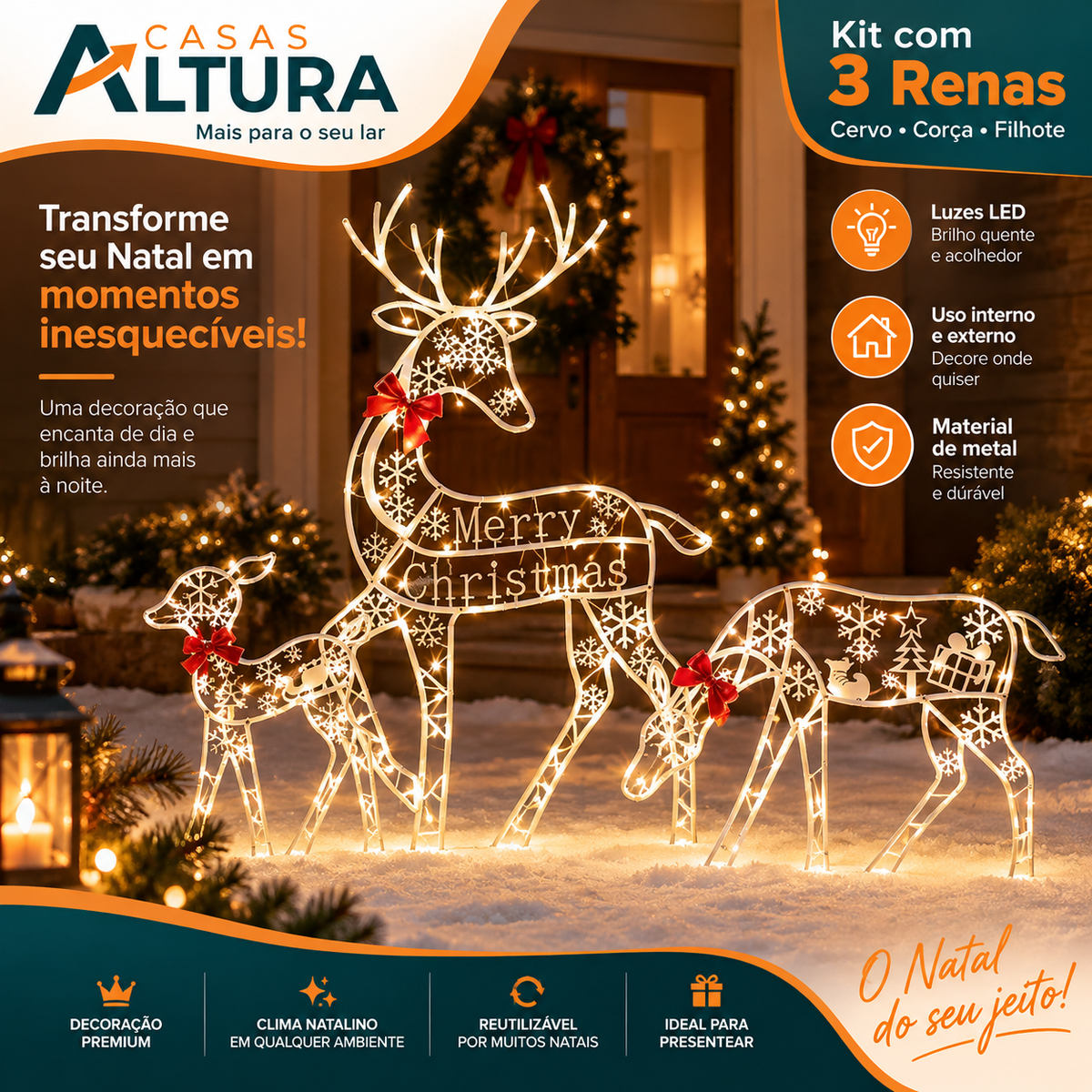 Kit 3 Renas de Natal em Ferro Artesanal com Luz LED