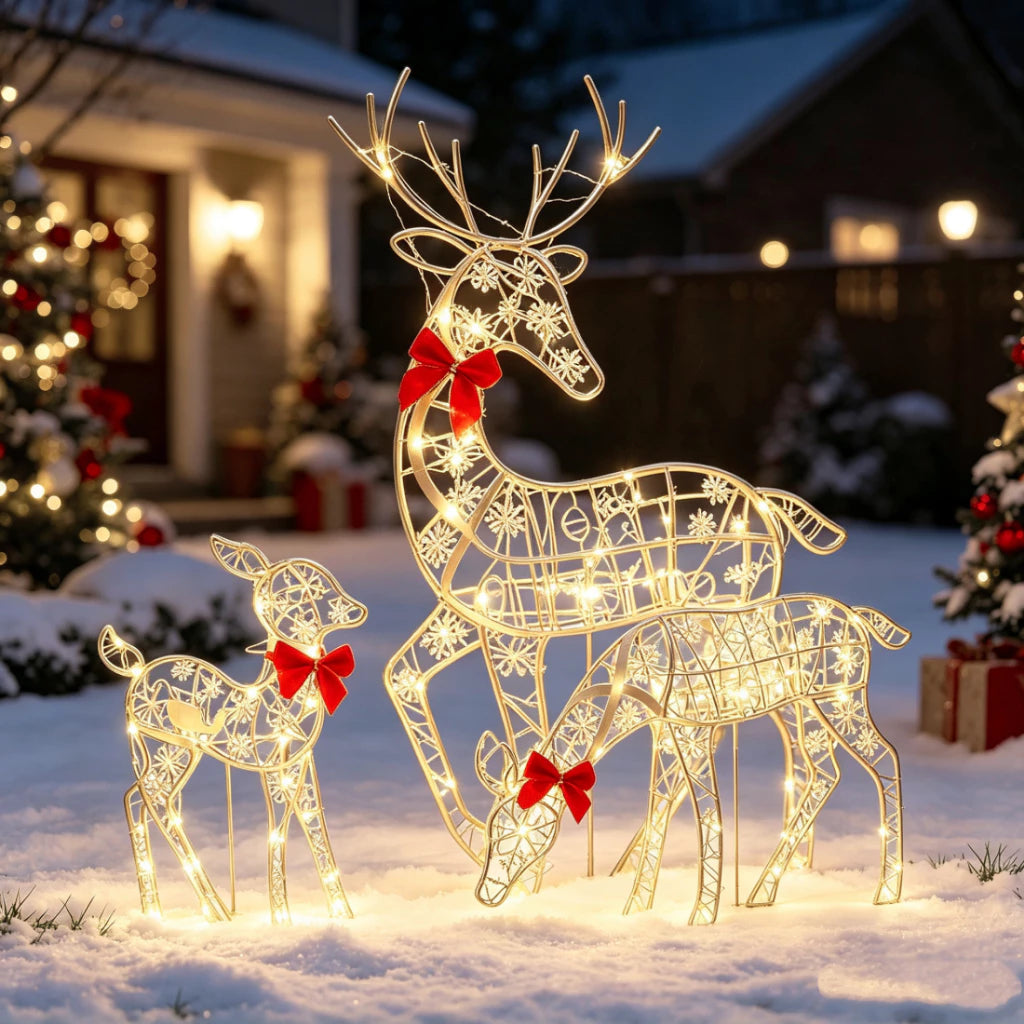 Kit 3 Renas de Natal em Ferro Artesanal com Luz LED